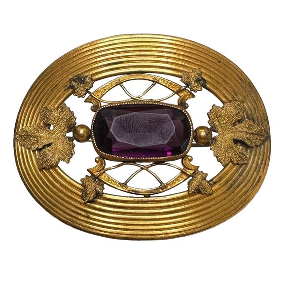 Art Nouveau Sash Pin Brooch Autumn Leaf design Amethyst Glass George L Paine Co - Picture 2 of 16